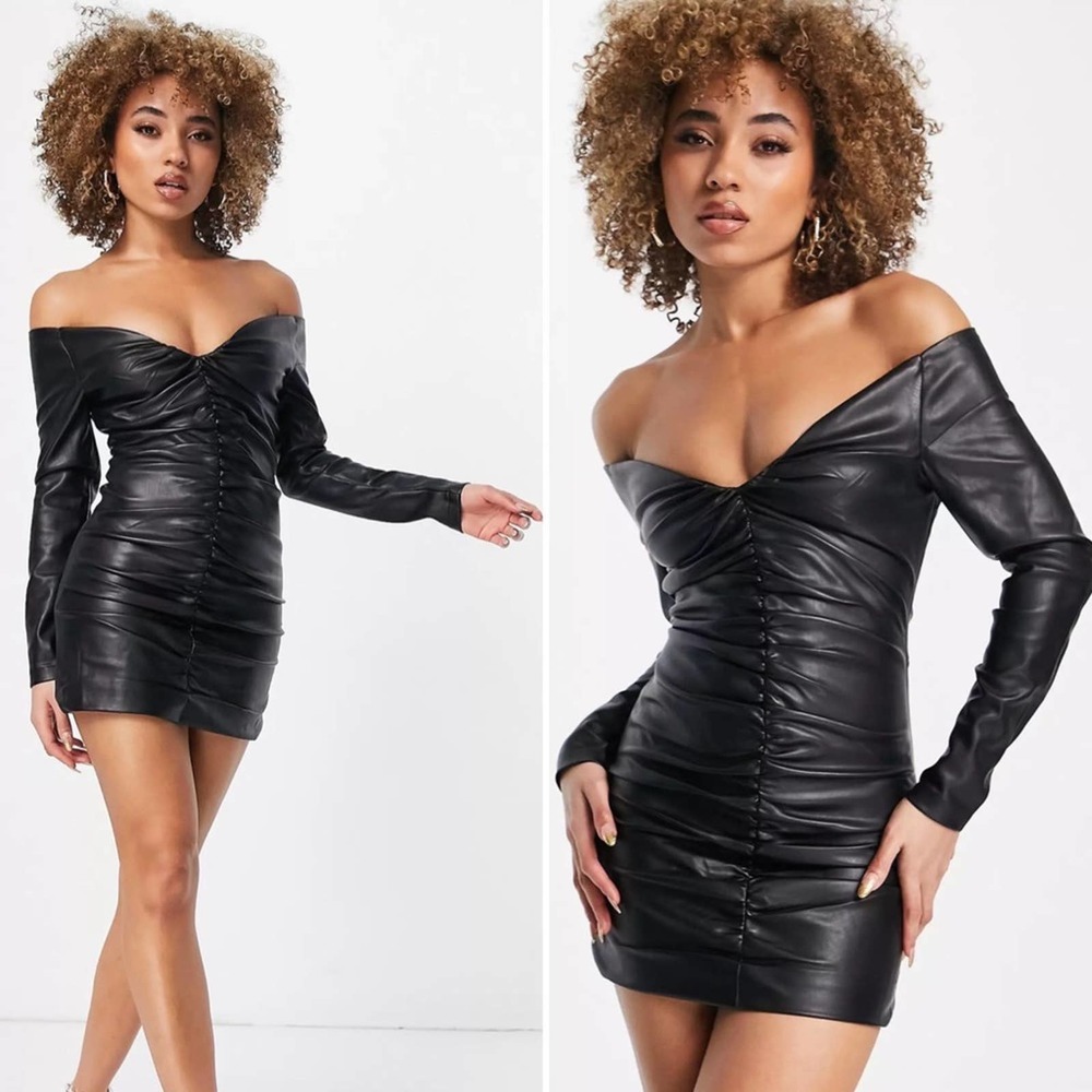 Bardot Black Faux Leather Long Sleeve Bodycon Off Shoulder Mini Dress XS